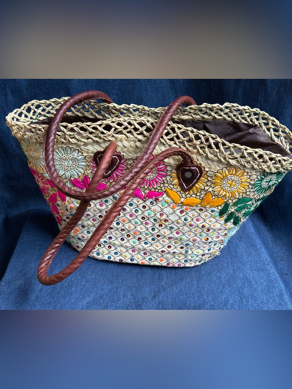 The Winding Road Morocco Straw Woven Tote Bag Embroidered Sequined Floral 18"
